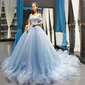 2023 yeni bahar mavi gelin Pommel etek düğün elbisesi tek çizgi omuz tren düğün prenses elbise iki parça elbise astar