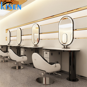 Espejo de pie de acero inoxidable KISEN para salón con estantes de almacenamiento y diseño contemporáneo, espejo personalizado para barbería. - Product Image 1