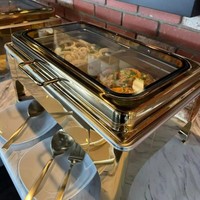 Server prasmanan mewah, pernikahan, Set penghangat makanan kaca 9L emas piring Chafing dengan bagian dalam terpisah untuk katering