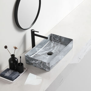 Lavabo de salle de bain rectangulaire gris marbré de haute qualité, moderne, en céramique, à poser sur comptoir, facile à nettoyer - Product Image 4