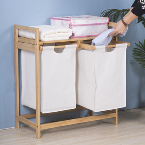 Double Bucket Bamboo Laundry Storage Rack With Canvas Bags For Bedroom And Living Room - Product Image 3