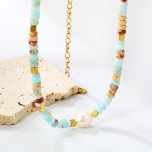 Collier en pierres multicolores, chaîne de clavicule en perles bleu clair pour femmes, bijoux cadeau - Product Image 3