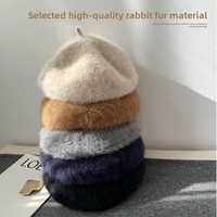 Béret en fourrure d'angora douce et moelleuse pour femme, couleur unie, chaud, en peluche, style peintre, chapeau d'hiver vintage, couvre-chef quotidien pour femme, automne