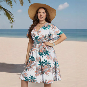 DMXF0171 Elegante Vestido de <span class=keywords><strong>Mujer</strong></span> con Cuello en V, Fruncido, de Manga Corta, con Cintura Ajustada, Estilo Bodycon, para Playa o Vacaciones, Talla Grande 4XL - Product Image 4