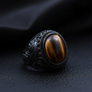 Bague Chevalière Vintage en Acier Inoxydable 316 avec Onyx Noir pour Homme, Finition Antique, Gravure Filigrane, Style Punk Audacieux et Sombre - Product Image 1