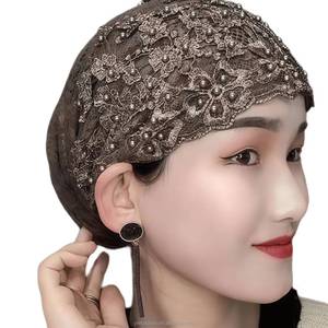 Women's Muslim multifunctional headscarf <b>hat</b>, soft smooth lace material veil, headscarf, breathable and eco-friendly four-piece - Product Image 3