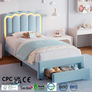 <span class=keywords><strong>Lit</strong></span> réglable à plateforme double Chic Tête de <span class=keywords><strong>lit</strong></span> LED Tiroir de rangement rembourré Velours Wavy Princess Lattes Bois massif Enfants/Filles - Product Image 1