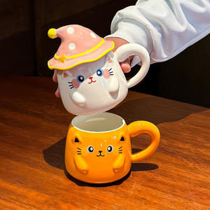 Cute Cat Ceramic <b>Mug</b> <b>With</b> <b>Lid</b> Cartoon Design For Girls Spring 2024 Home Use Single Cup White Yellow Black - Product Image 5