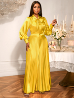 AM050524SET Ensemble Deux Pièces Femme Décontracté Or en Satin Brillant : Haut à Col Noué et Manches Lanternes Longues, Pantalon Plissé à Jambes Larges