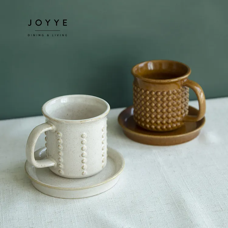 JOYYE 180ml Retro autunno Beige e marrone tazza da caffè e piattino Set smalto reattivo tazza in gres ceramico con impresso