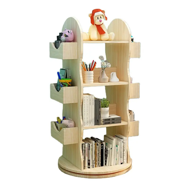 Creative Space-saving Natural Wood Rotary Child Room Furniture Kids Four-layer Bookshelf Children Book Shelf