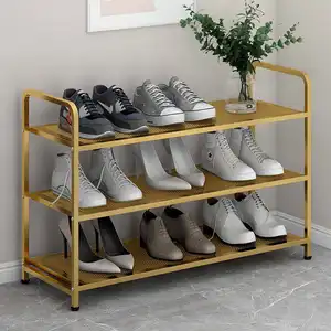 卸売工場レトロ家庭用金属靴ラック鉄棚3層ゴールデン靴棚収納ラック靴オーガナイザー