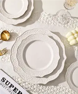 Wedding Party Embossed Design Romantic White Royal Floral Shape Steak Spaghetti Porcelain Ceramic Plates Dishes Set