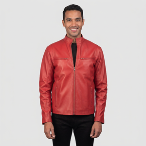 Blouson en cuir rouge pour homme, col montant décontracté, style motard, veste d'extérieur chaude en PU pour l'hiver, blouson en cuir tendance pour homme - Product Image 1