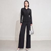 Ensemble deux pièces plissé pour femme : Polo boutonné et pantalon large, style Miyake élégant, couleur unie, ensemble coordonné, vente en gros