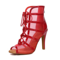Chaussures de danse latine en cuir verni noir, bottes de danse jazz à talon de 9,8 cm, chaussures de danse Bachata à lacets et fermeture éclair à semelle souple et tige haute