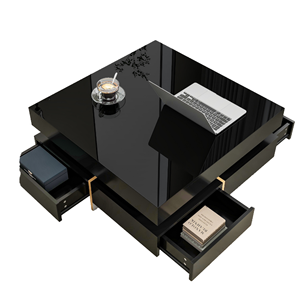 Mesa de Centro Moderna Kusimi con Tapa de Vidrio Brillante, 4 Cajones, Diseño Cuadrado con Múltiples Espacios de Almacenamiento, Patas con Acabado de Madera, Fácil de Limpiar - Product Image 1