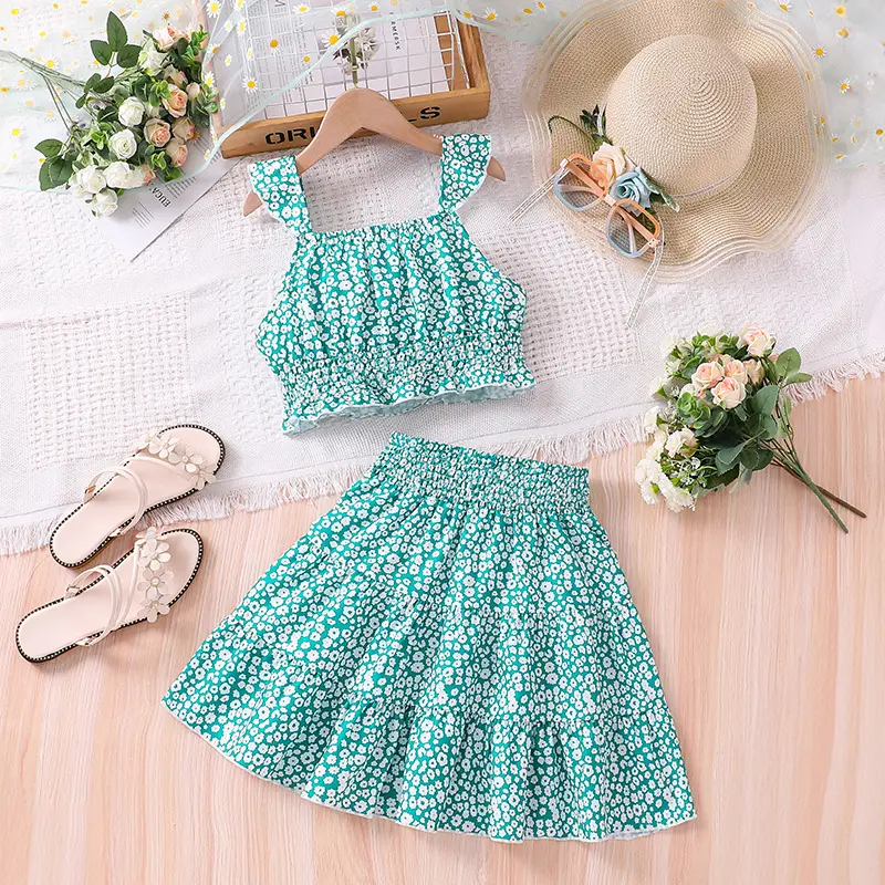 2024 Summer children's clothing new children's clothing flower halter skirt set 8-12 years old two-piece girls' suit Beach wear