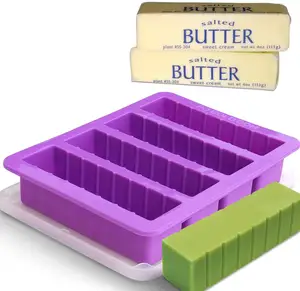 Custom Large 4 Cavities Silicone Butter Mold Rectangle Butter Pudding Soap Chocolate Ice Mould with Lid