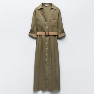 Vente en gros de robe longue décontractée à col en V en coton et lin à la mode robe chemise pour femmes de couleur unie à manches retroussées avec ceinture - Product Image 5