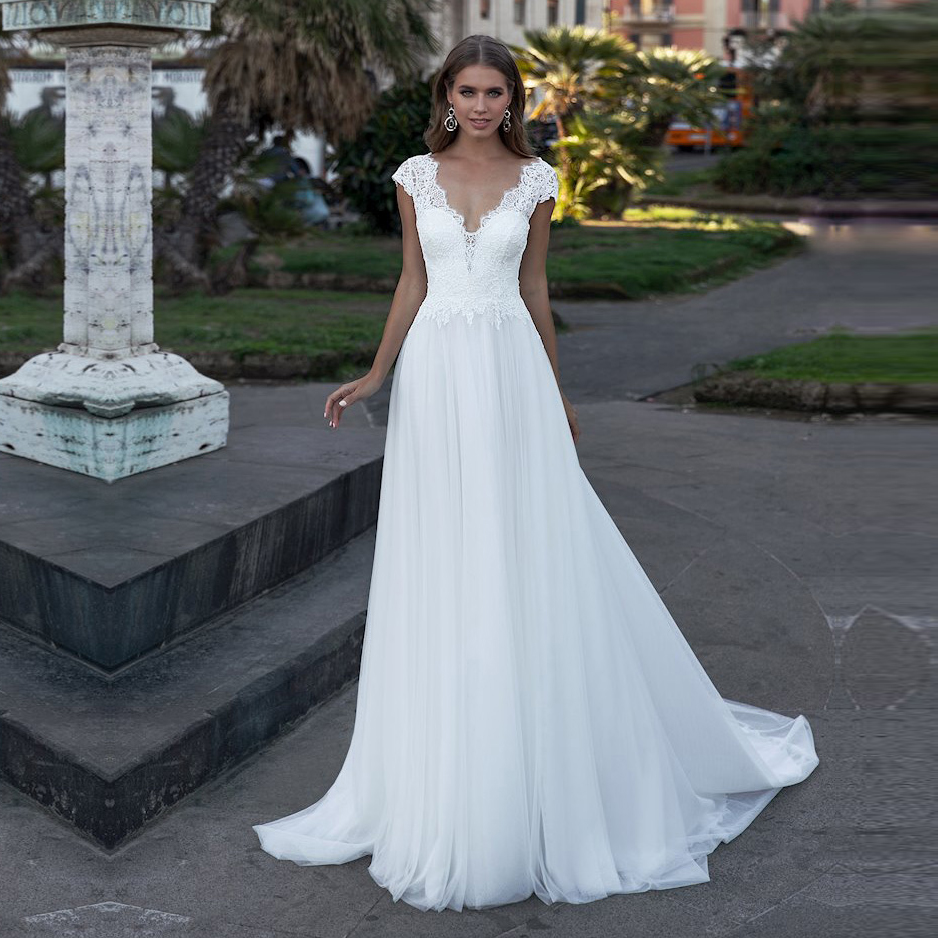 chinese dress ladies Zapaka Women Ivory Mermaid Lace V-Neck Wedding Dress Cap Sleeves Zipper Back Floor-Length Bridal Dress, Ivory / US16W main image 1