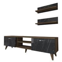 Meuble TV Ayden en aggloméré de luxe exclusif, design moderne avec panneaux en bois, finition marbre et noyer, fabriqué en Turquie, idéal pour salon et hôtel