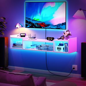 <span class=keywords><strong>Meuble</strong></span> TV flottant avec éclairage LED, prises de courant, design moderne, panneau de particules durable, grande capacité de rangement pour salon et chambre - Product Image 1