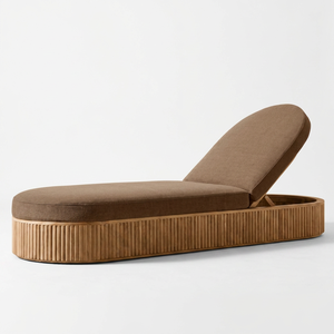 Chaise longue ovale en teck massif avec panneau à rainures, lit de jour inclinable pour patio - Product Image 1