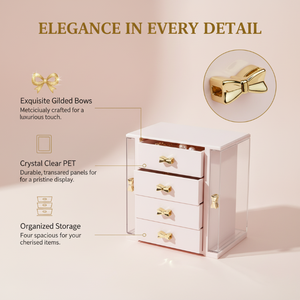 Organizador de Joyas de Plástico para Escritorio <span class=keywords><strong>con</strong></span> 4 <span class=keywords><strong>Cajones</strong></span> y Puertas Laterales, Caja de Almacenamiento de Cosméticos a Prueba de Polvo <span class=keywords><strong>con</strong></span> Bonito Lazo en la Asa - Product Image 4