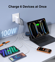 Station de charge rapide multi-USB HNT 100W GaN 6 ports 4A2C, adaptateur secteur mural pour iPhone, tablette, MacBook