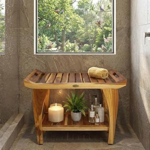 Ruoyi Teak Bathroom Stool 76.2cm Wide Double Layer Shower Chair Solid Wood <b>Bath</b> Bench With <b>Storage</b> Shelf - Product Image 2