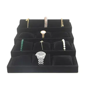 Kotak perhiasan 4 tingkat baki penyimpanan jam tangan flanel beludru 9 Slot bantal trapesium jam tangan menampilkan kotak tampilan Aksesori Gelang