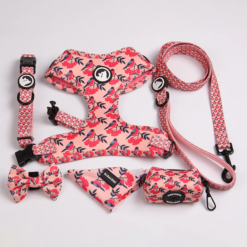 OKEYPETS Multi-Function Breathable Vest Harness Stylish Floral Pattern Unique Designer Dog Collar And Leash Set