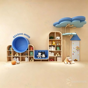 Chiquitos Angolo di Lettura Personalizzato in Legno per Bambini con Scaffale Portaoggetti e Cuscino Morbido Blu Bianco Legno Naturale per Scuola Materna e Asilo - Product Image 1