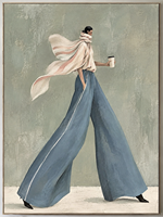 Peinture sur toile élégante de femme, pantalon large bleu, café, style de vie, art mural pour boutique, hôtel, café, bureau, décoration