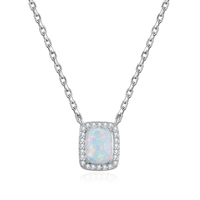 Collier tendance en argent sterling 925 avec pendentif en opale blanche créée et zircone cubique CZ, pierre de naissance rectangulaire artificielle
