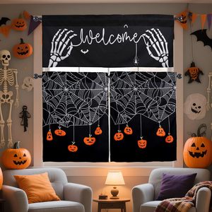 Rideau court de fenêtre Halloween Gothique Rose Rouge à motif squelette sur <span class=keywords><strong>fond</strong></span> noir, 2 panneaux, personnalisable - Product Image 5
