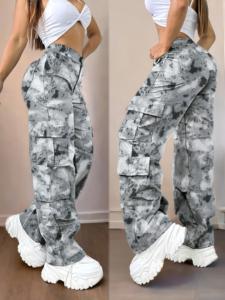 Pantalon cargo en denim 100% coton, coupe ample, taille haute |   Design imprimé décontracté, poches 3D, résistant à la décoloration et lavable, toutes saisons - Product Image 5