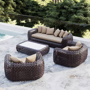 Ensemble <span class=keywords><strong>de</strong></span> <span class=keywords><strong>salon</strong></span> <span class=keywords><strong>de</strong></span> <span class=keywords><strong>jardin</strong></span> en rotin épais pour complexe commercial, canapé en résine tressée à assise profonde, table basse avec plateau en verre, personnalisable - Product Image 1