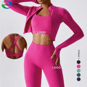 कस्टम Activewear जिम Conjuntos Deportivos Mujer गुलाबी 3 टुकड़ा खेल ब्रा जिपर जैकेट फिटनेस लेगिंग कसरत महिलाओं के लिए सेट
