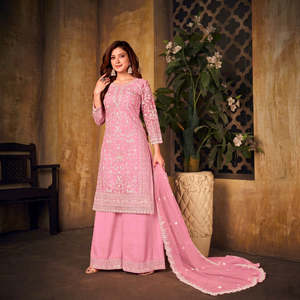 Dhwaja Export Faux Georgette Traditional Floor-Length Embroidered <b>Net</b> Semi-Stitched All Seasons Plazzo Suit - Product Image 1