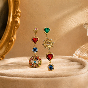 Pendientes Colgantes de Corazón con Ojo Turco a Juego para Mujer, Esmalte Colorido Tono Dorado 6.5cm, Joyería de Moda Vintage al por Mayor - Product Image 2