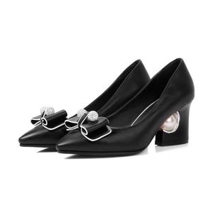 Zapatos de tacón grueso con punta y lazo, estilo dulce, para mujer, con diamantes de imitación, novedad de primavera, verano y otoño, talla única. - Product Image 3