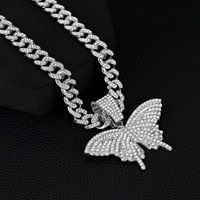 Collar de Cadena Cubana con Colgante de Mariposa de Aleación de Zinc con Diamantes, Oro y Plata, 124g, para Hombres y Mujeres, Joyería Hip Hop, Regalo