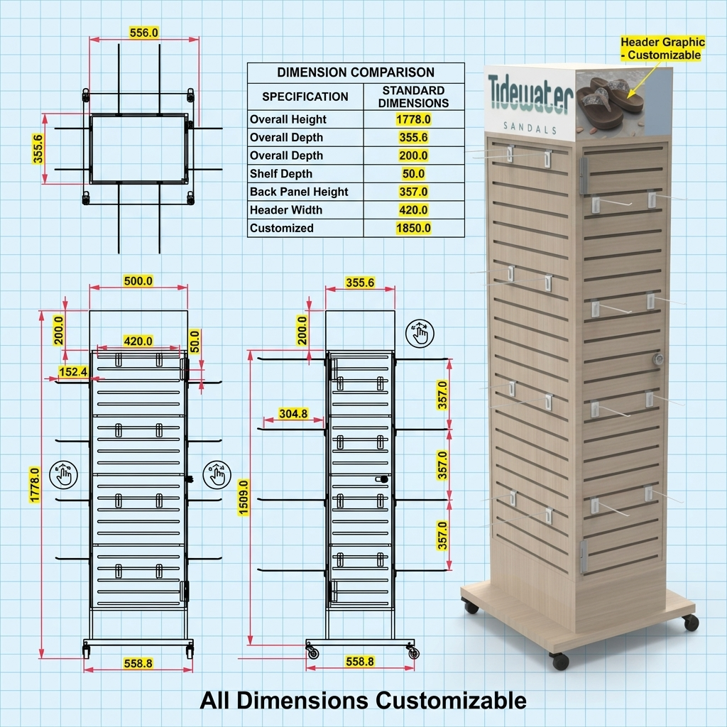 Custom Movable Light Wood Slatwall Sandal Display Rack with Casters Floor Standing Retail Footwear Display Stand for Shop — view 4