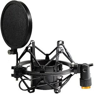 Choque microfone Mount com dupla malha Pop Filter & Screw Adapter, ajustável Anti Vibração Metal Mic Mount Holder Clip