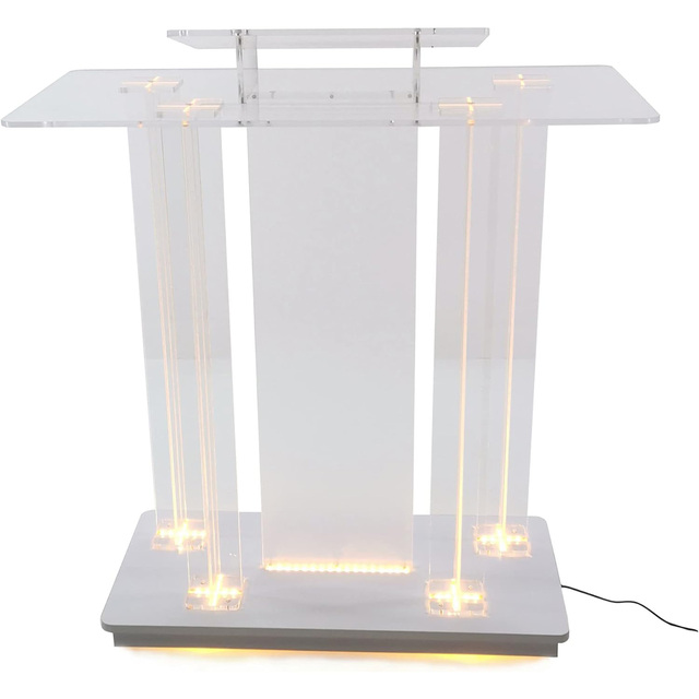 Deluxe LED Lighted Church Pulpit Floor Standing Lectern Acrylic Podium with Casters Wheels for Hotel Conference Debate