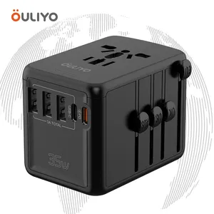 Ouliyo อะแดปเตอร์สำหรับเดินทางรอบโลกชาร์จเร็วพร้อมพอร์ต USB 5พอร์ตและ2พอร์ต C รวมอะแดปเตอร์ปลั๊กสากล