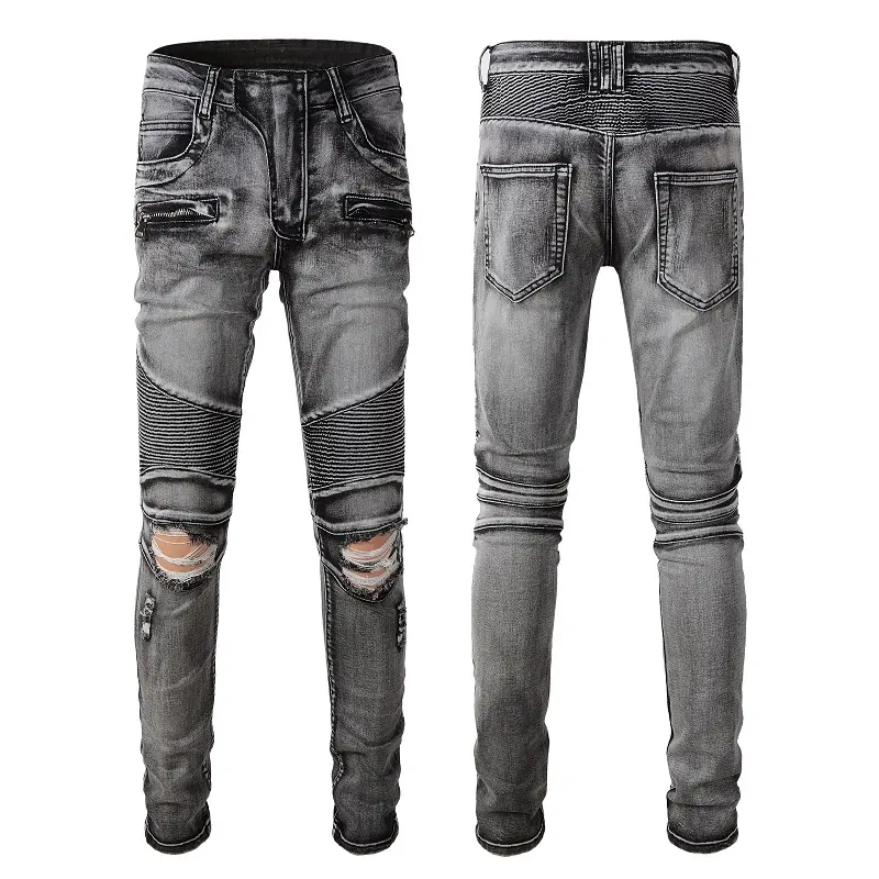 Fabrieksgroothandel Ontwerpers Trendy Gewassen Potlood Lange Broek Zwarte Stretch Broek Heren Gescheurde Denim Slim Fit Jeans