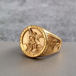 yunnique St Michael Archangel <b>Ring</b> <b>Titanium</b> Steel Men's Hip Hop Jewelry Cross Design Gift For Him Round Shape - Product Image 2